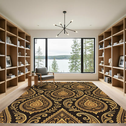 Ornate Gold Paisley Damask Scroll Rug