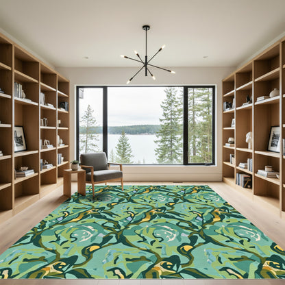 Abstract Green Swirl Foliage Rug
