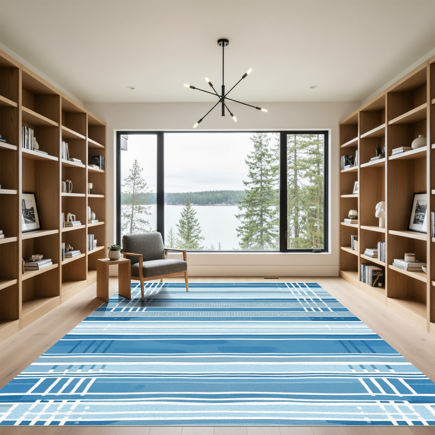 Cool Blue Watercolor Stripe Grid Rug