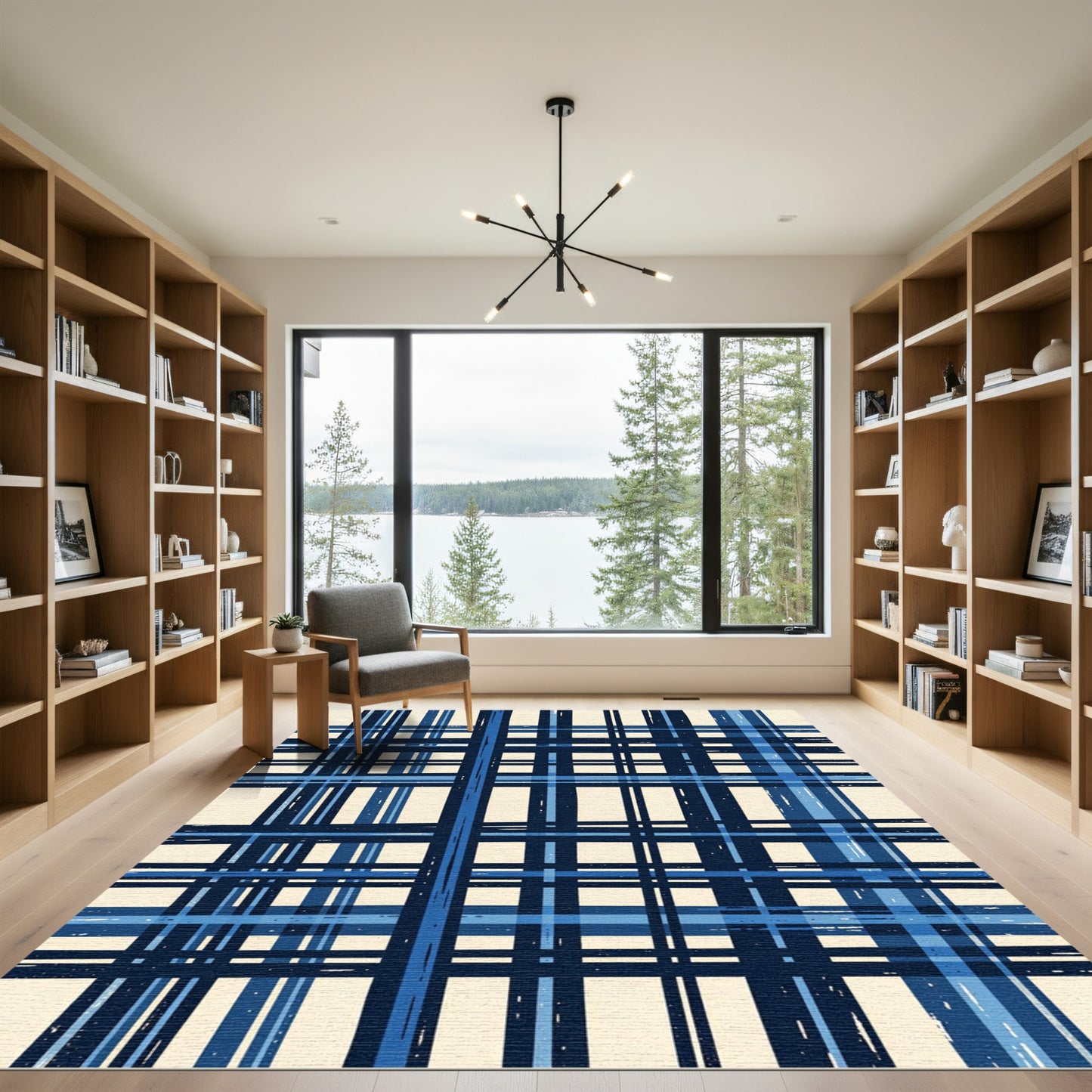 Navy Blue Plaid Brush Stroke Rug