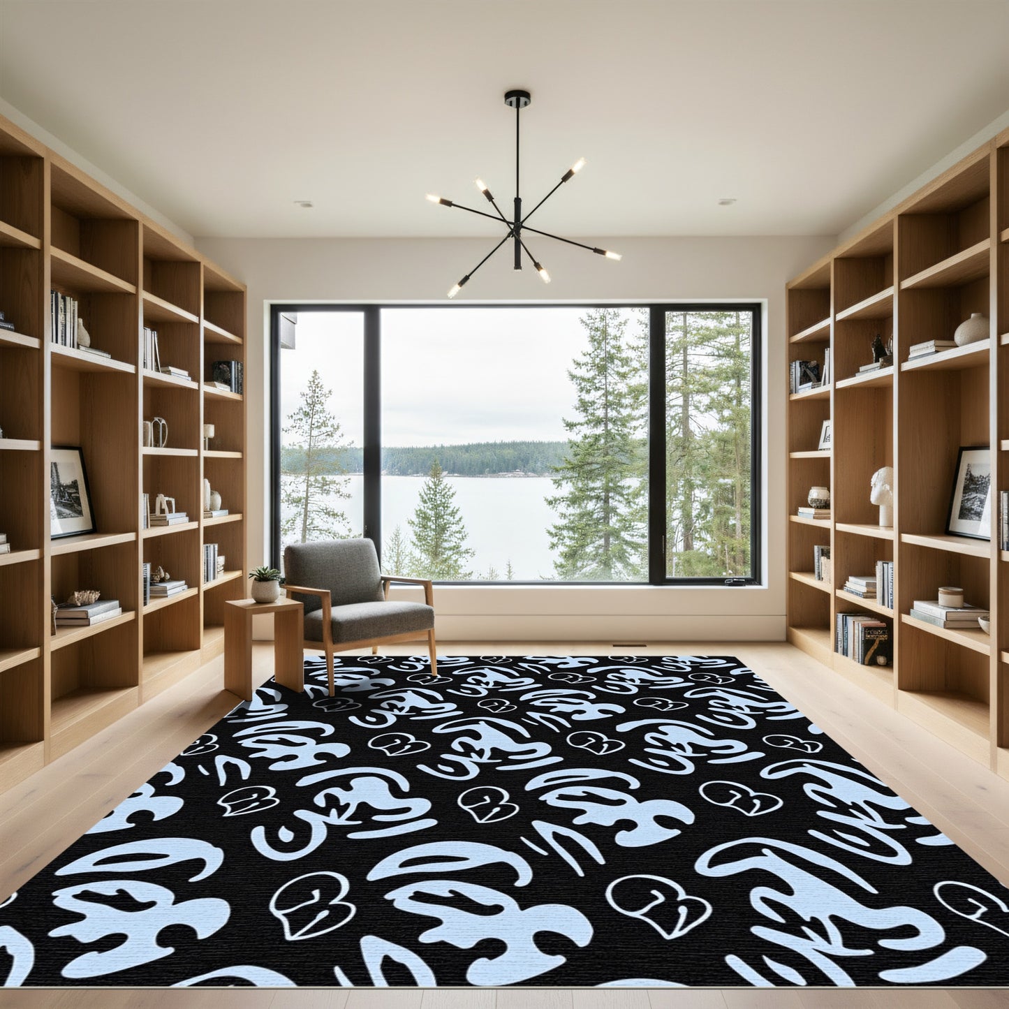 Light Blue Abstract Heart Shapes Black Rug