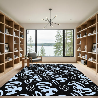 Light Blue Abstract Heart Shapes Black Rug