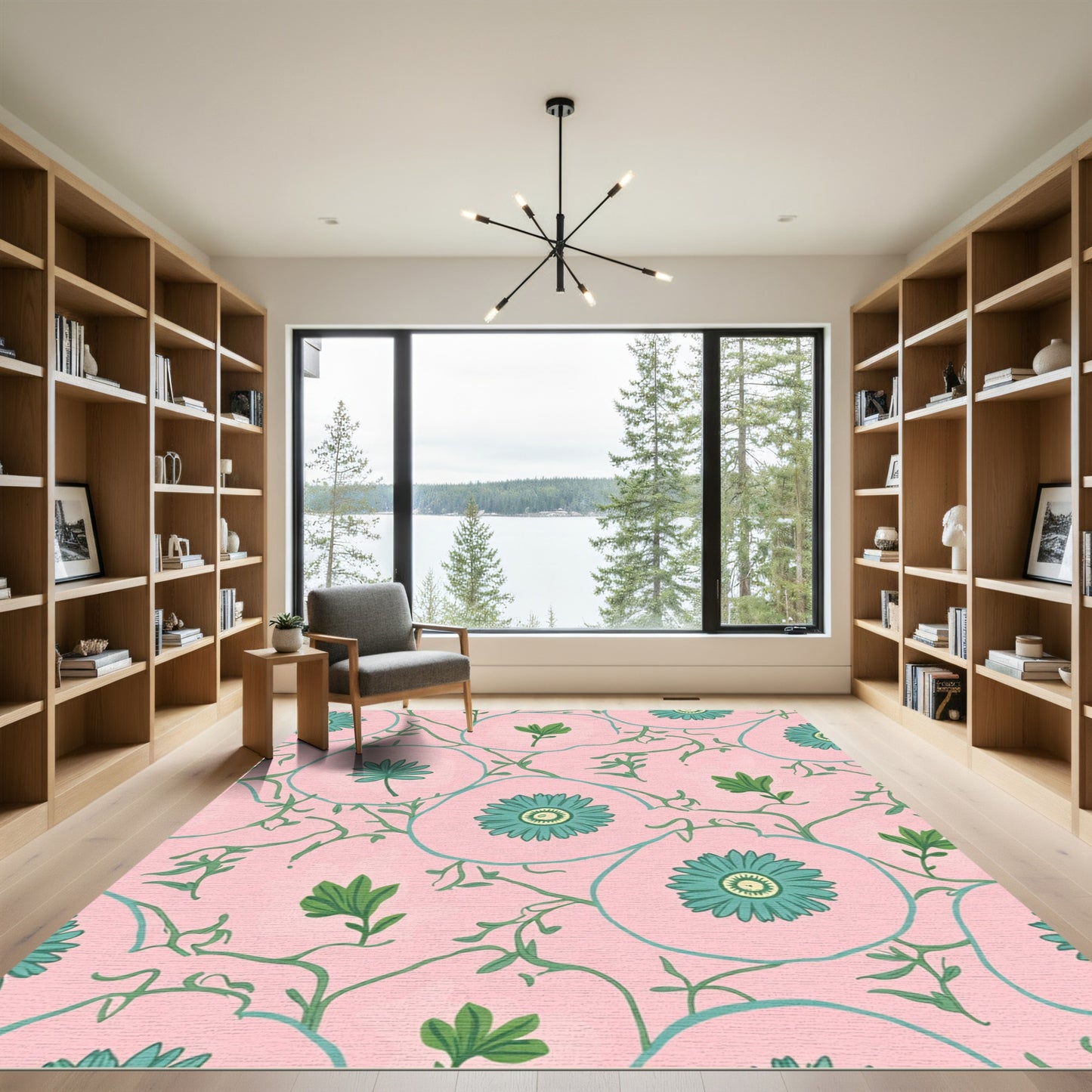 Teal Floral Vine Pink Background Rug