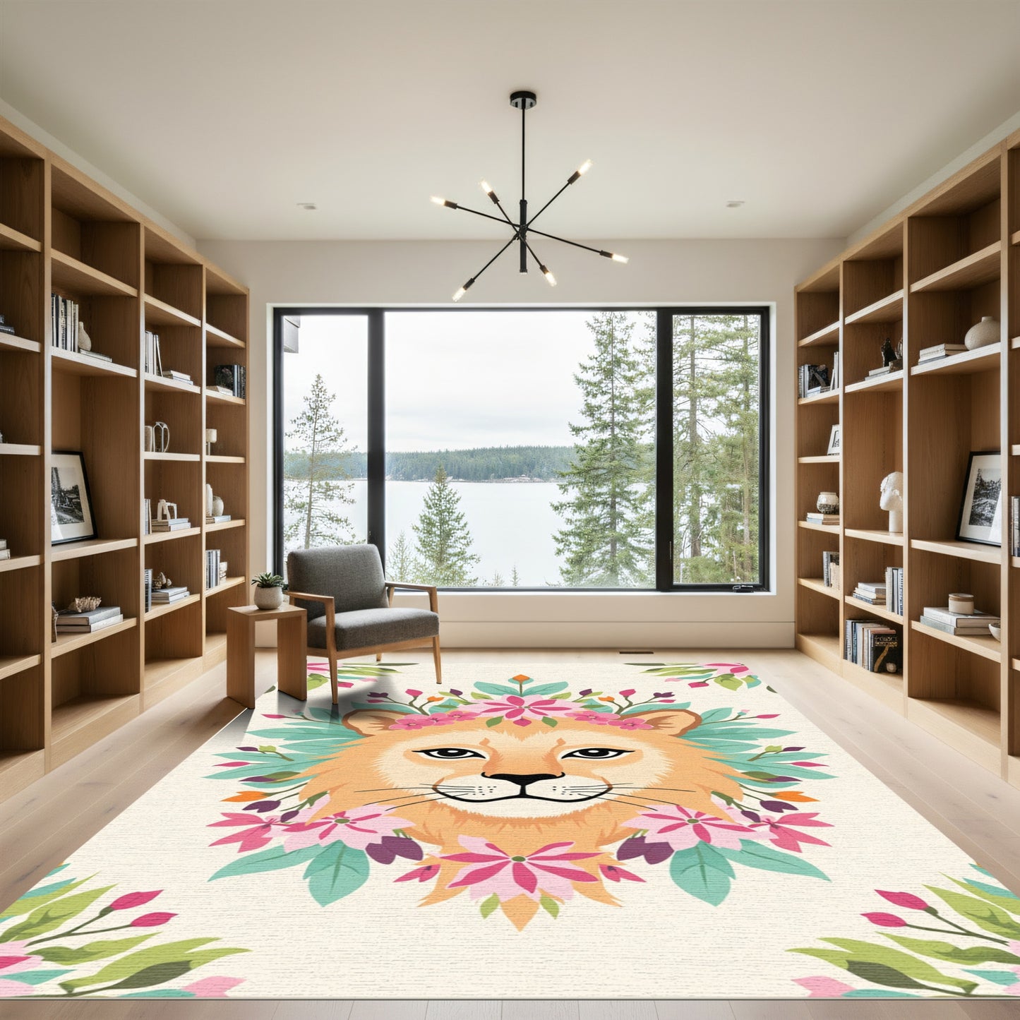 Whimsical Lion Floral Wreath Rug
