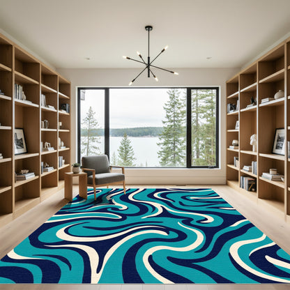 Deep Blue Ivory Swirl Abstract Rug