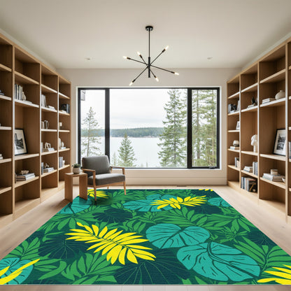 Vibrant Tropical Emerald Leafy Canopy Rug
