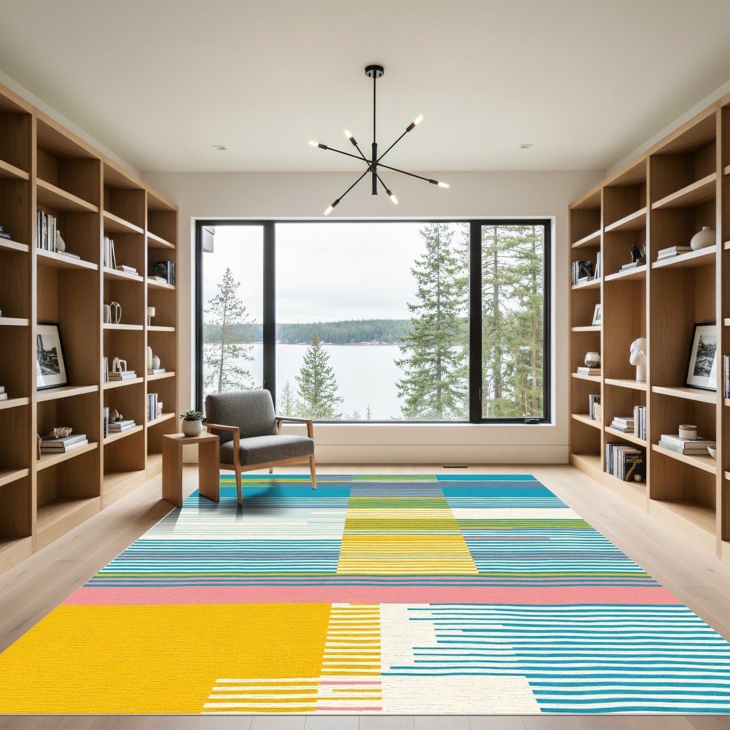 Abstract Turquoise Yellow Pink Stripe Blocks Rug