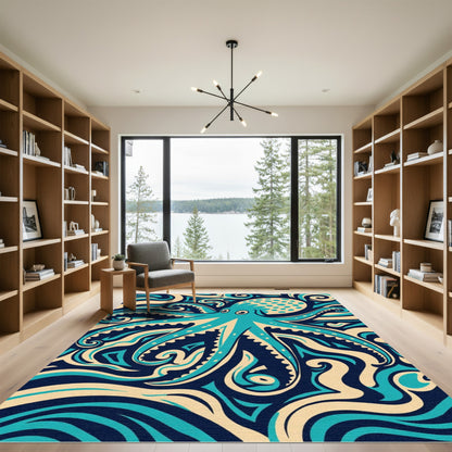 Teal Octopus Swirl Abstract Rug