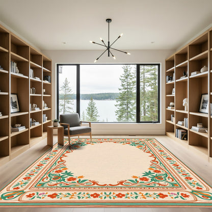 Vibrant Red Orange Green Floral Border Rug