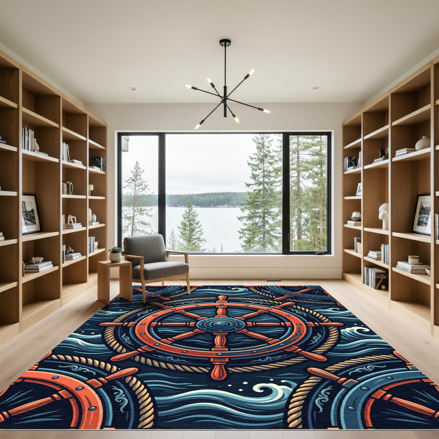 Nautical Helm with Ocean Waves Rug