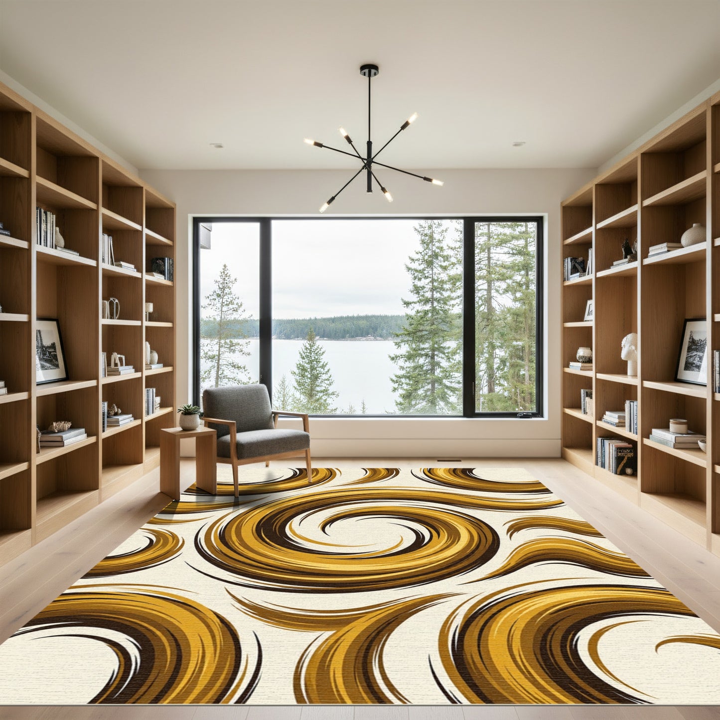Golden Abstract Swirl Wave Area Rug