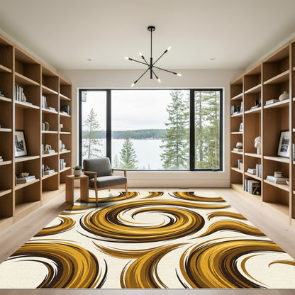 Golden Abstract Swirl Wave Area Rug