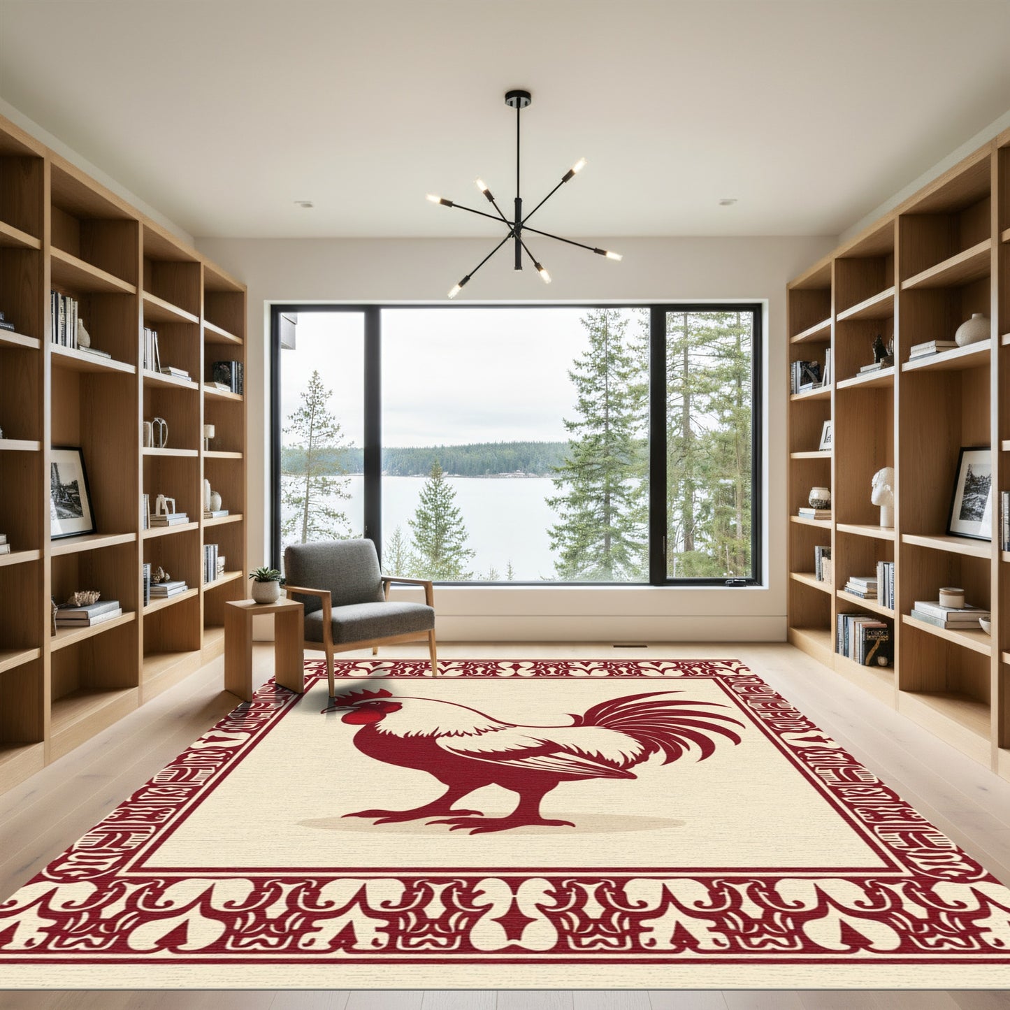 Crimson Rooster Folk Art Frame Rug