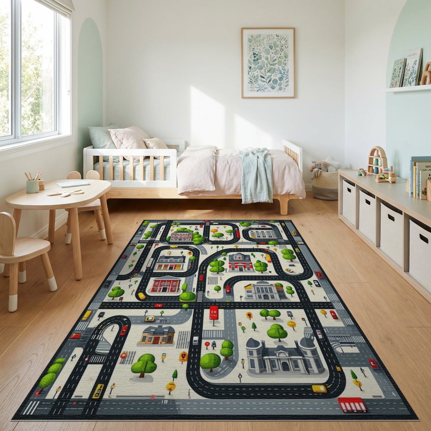 Whimsical City Roads Buildings Trees Rug