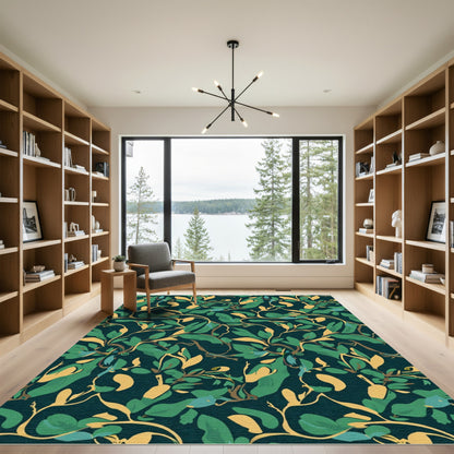 Deep Green Gold Leafy Branch Rug