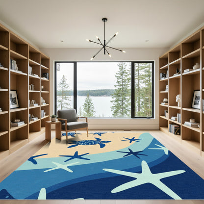 Navy Blue Turtle Beach Starfish Waves Rug