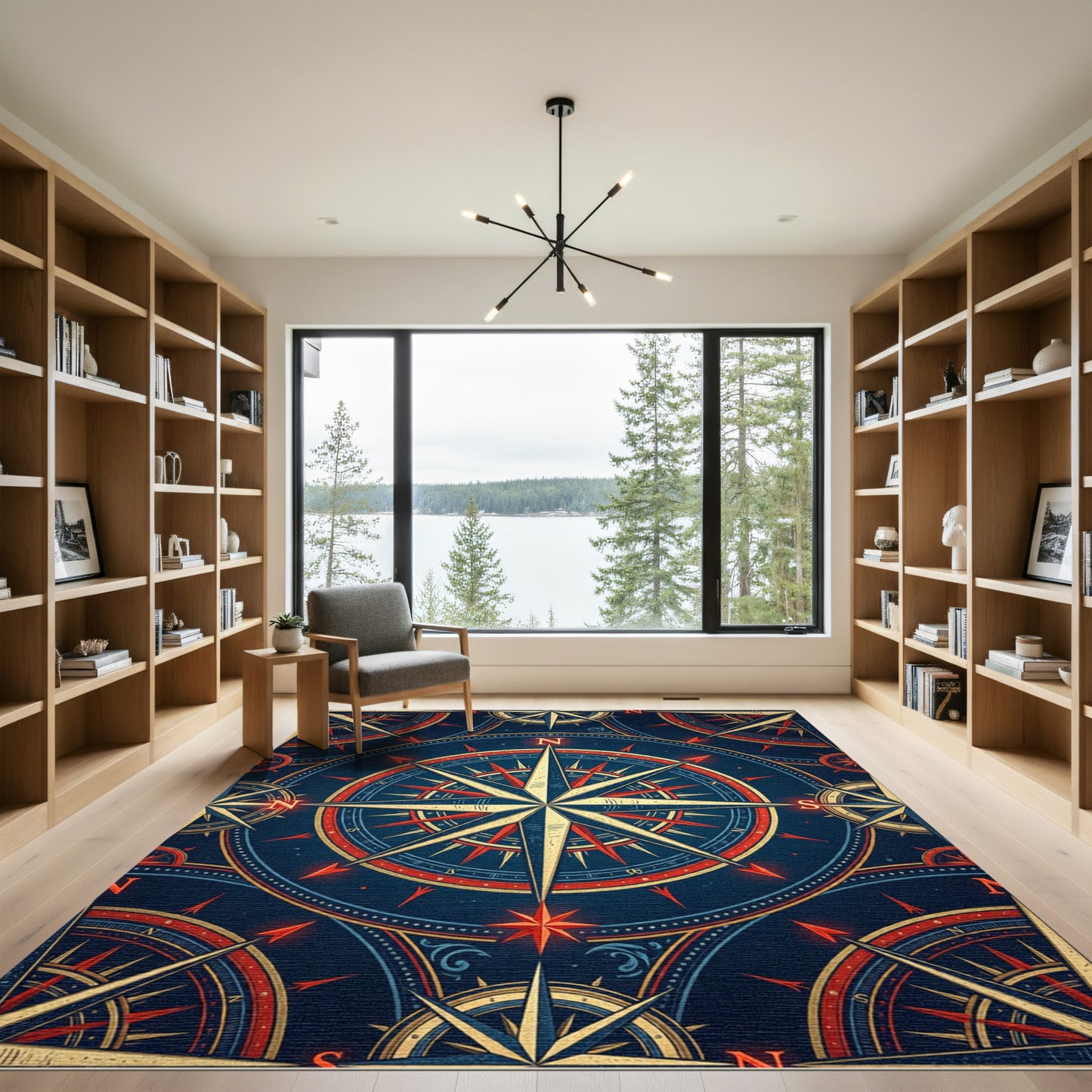 Vintage Nautical Compass Gold Navy Medallion Rug