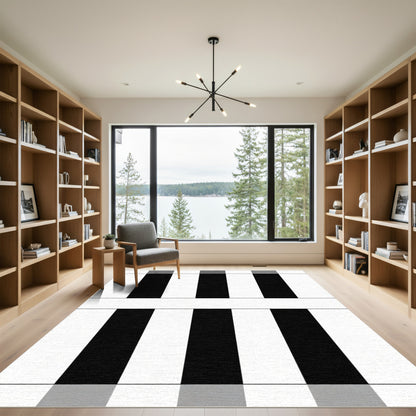 Tonal Black White Parallel Bars Rug