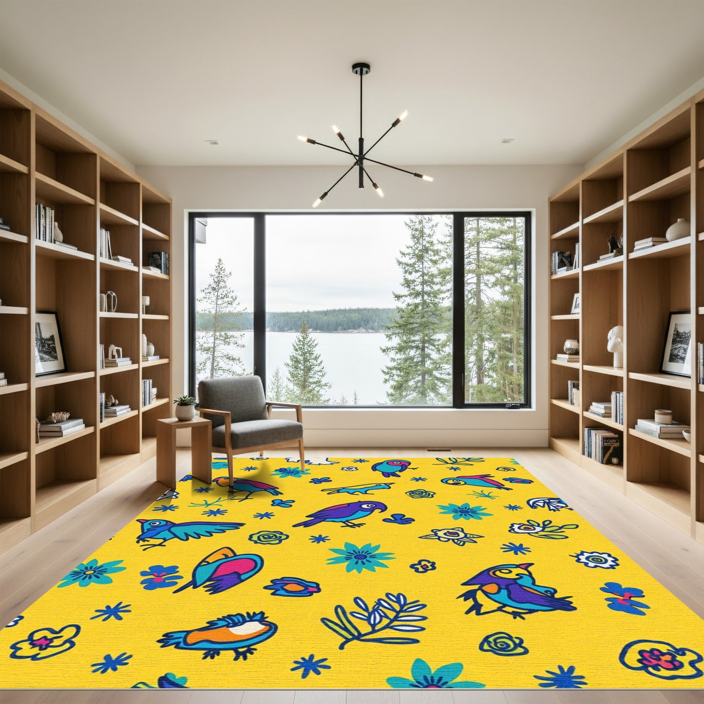 Yellow Floral Bird Sketch Collection Rug