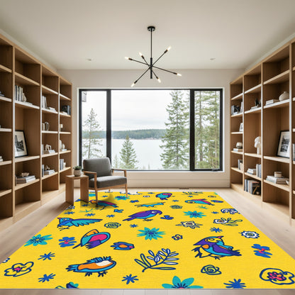 Yellow Floral Bird Sketch Collection Rug