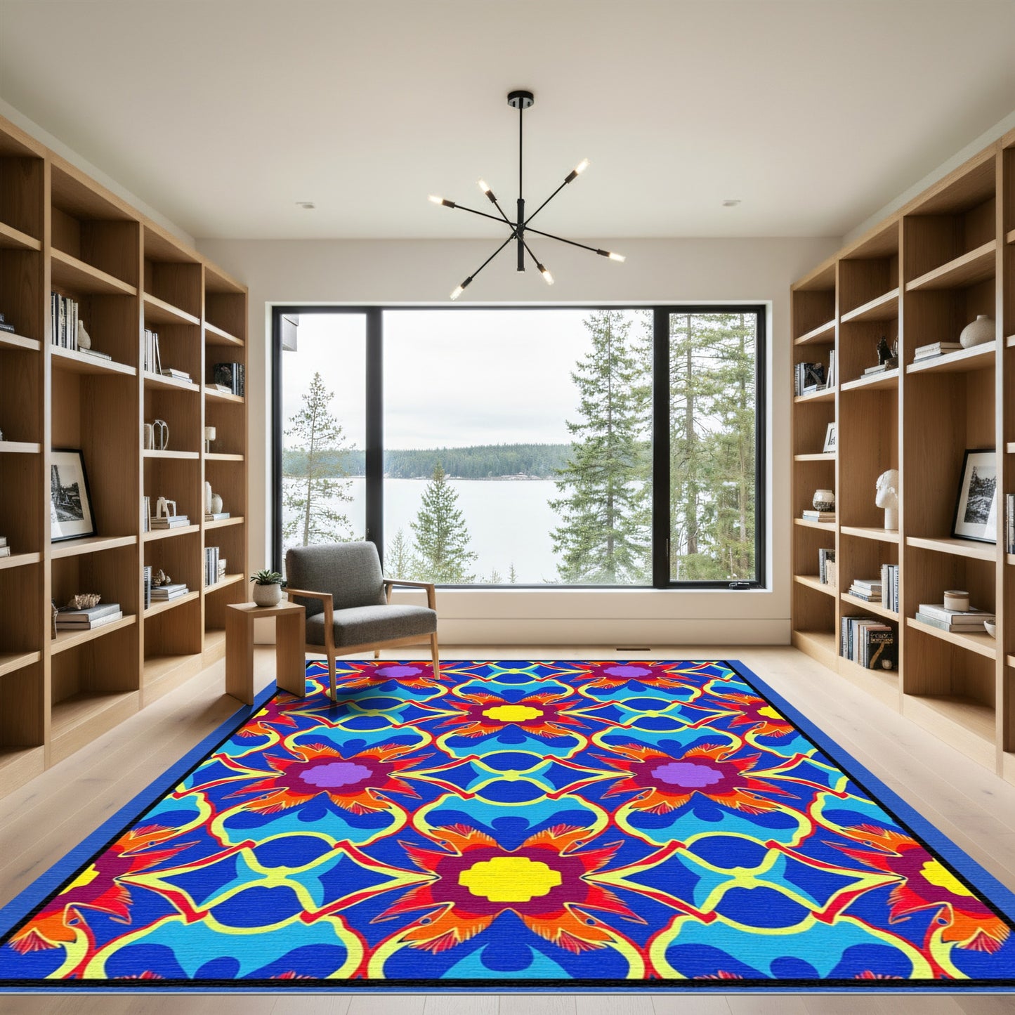 Vibrant Royal Blue Abstract Floral Medallion Rug