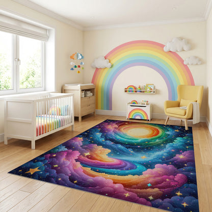 Dreamy Rainbow Swirl Clouds Stars Rug