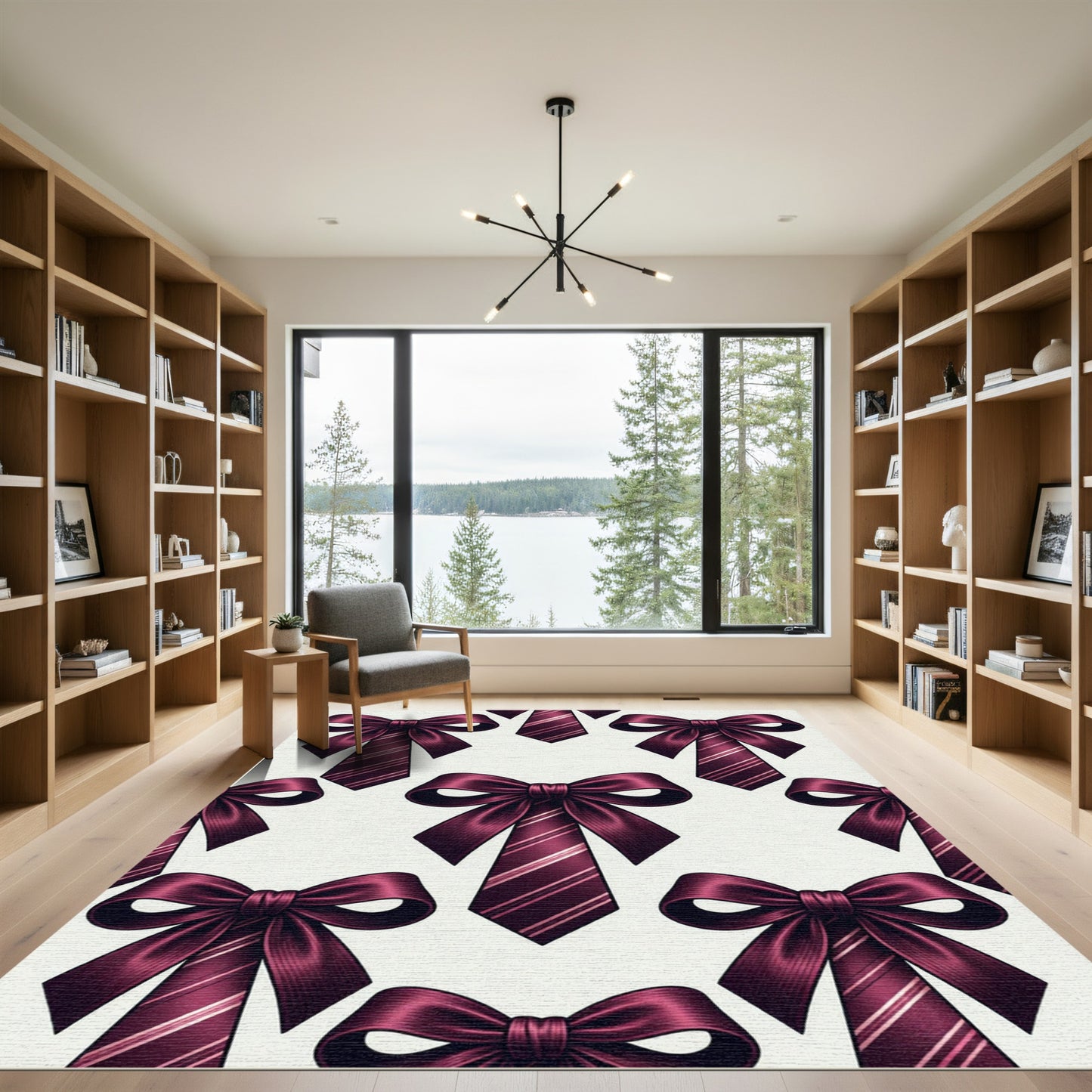 Elegant Burgundy Ribbon Tie Seamless Grid Rug