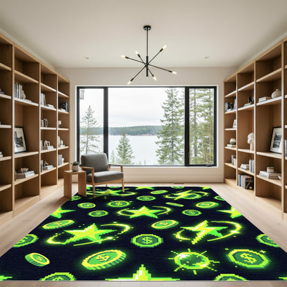 Neon Pixel Star and Coin Grid Rug