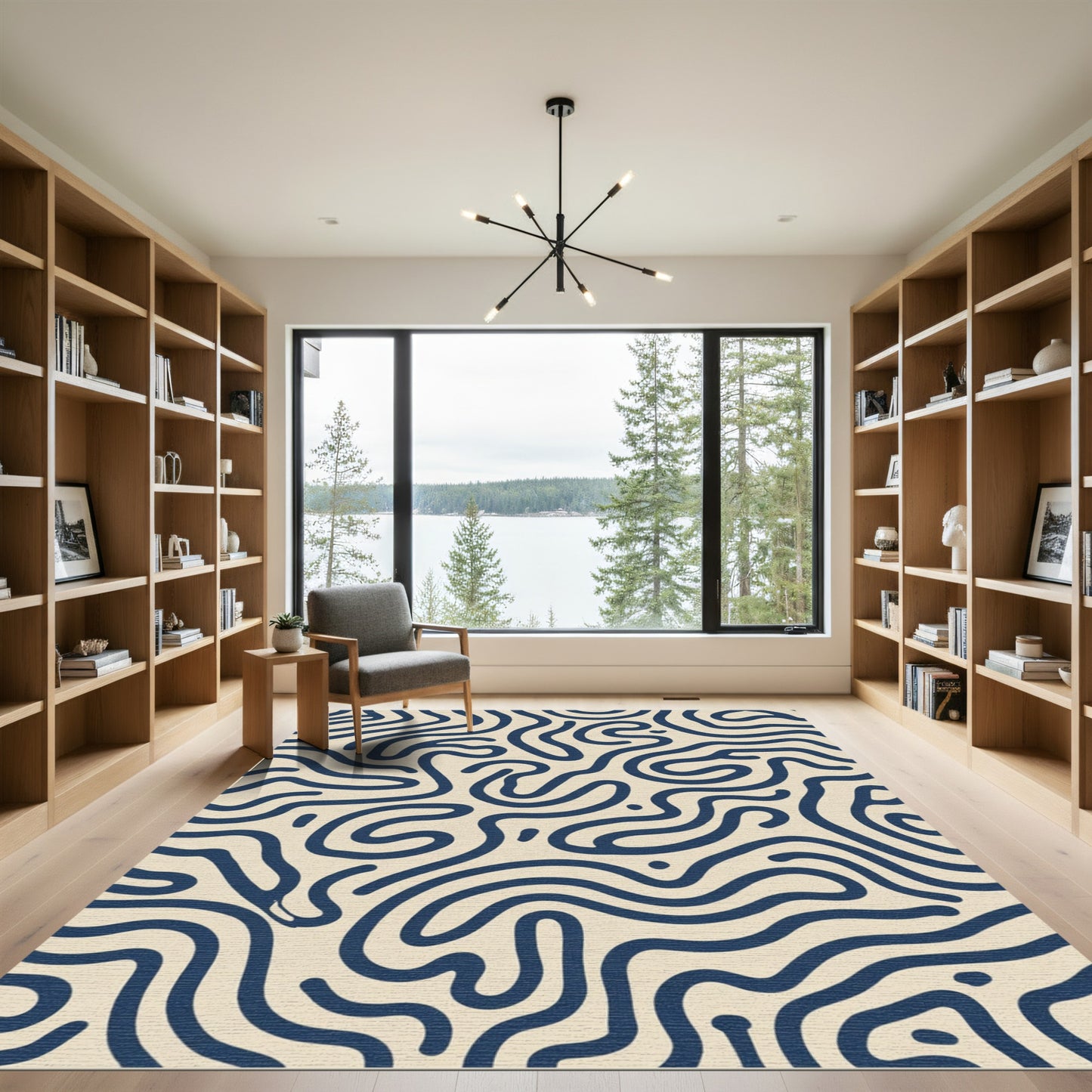 Abstract Navy Swirls Over Cream Rug