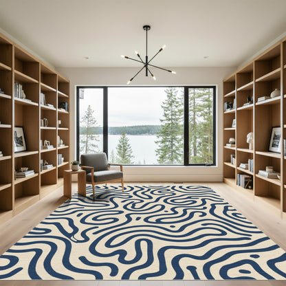 Abstract Navy Swirls Over Cream Rug