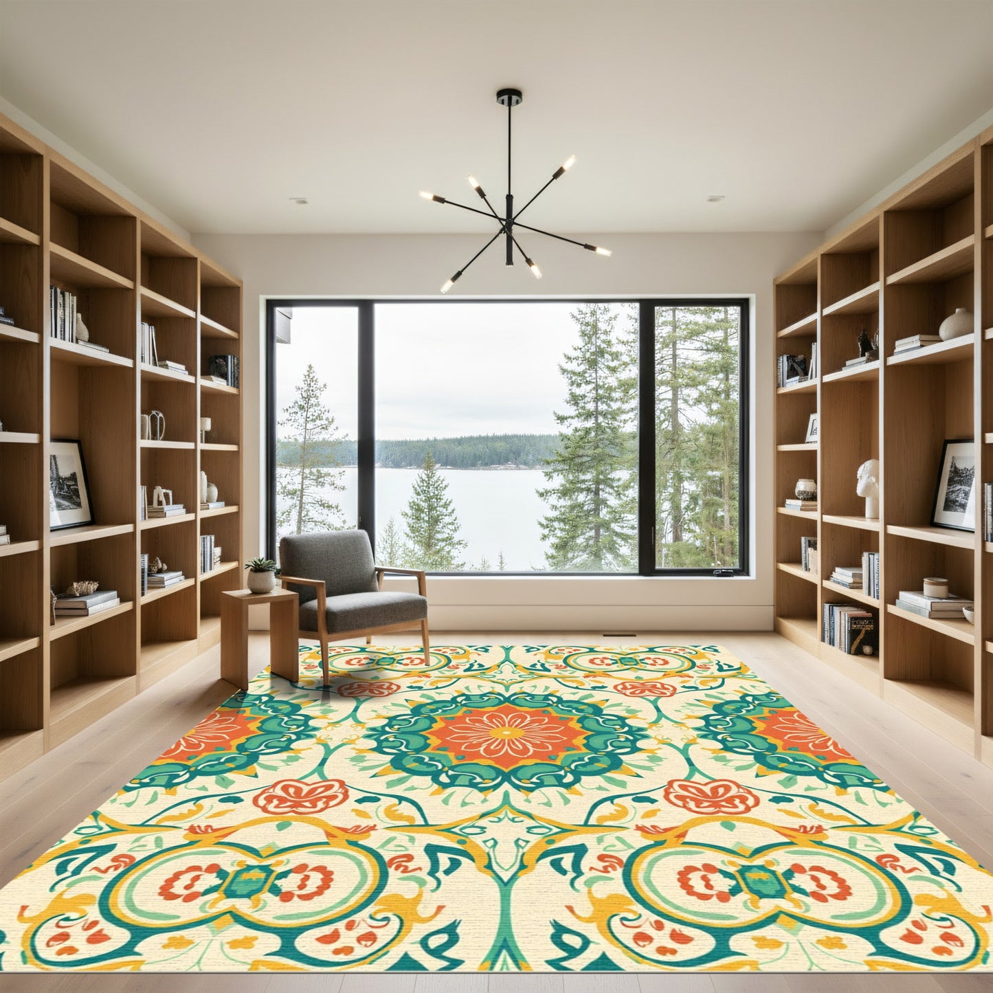 Orange Teal Floral Medallion Cream Background Rug