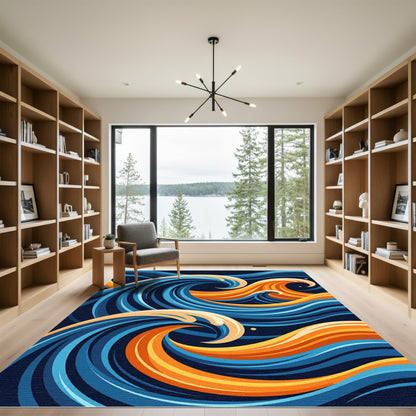 Abstract Blue and Gold Swirling Waves Rug