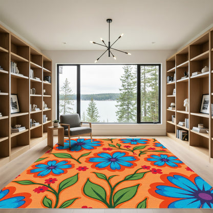 Retro Blue Flower Orange Garden Rug