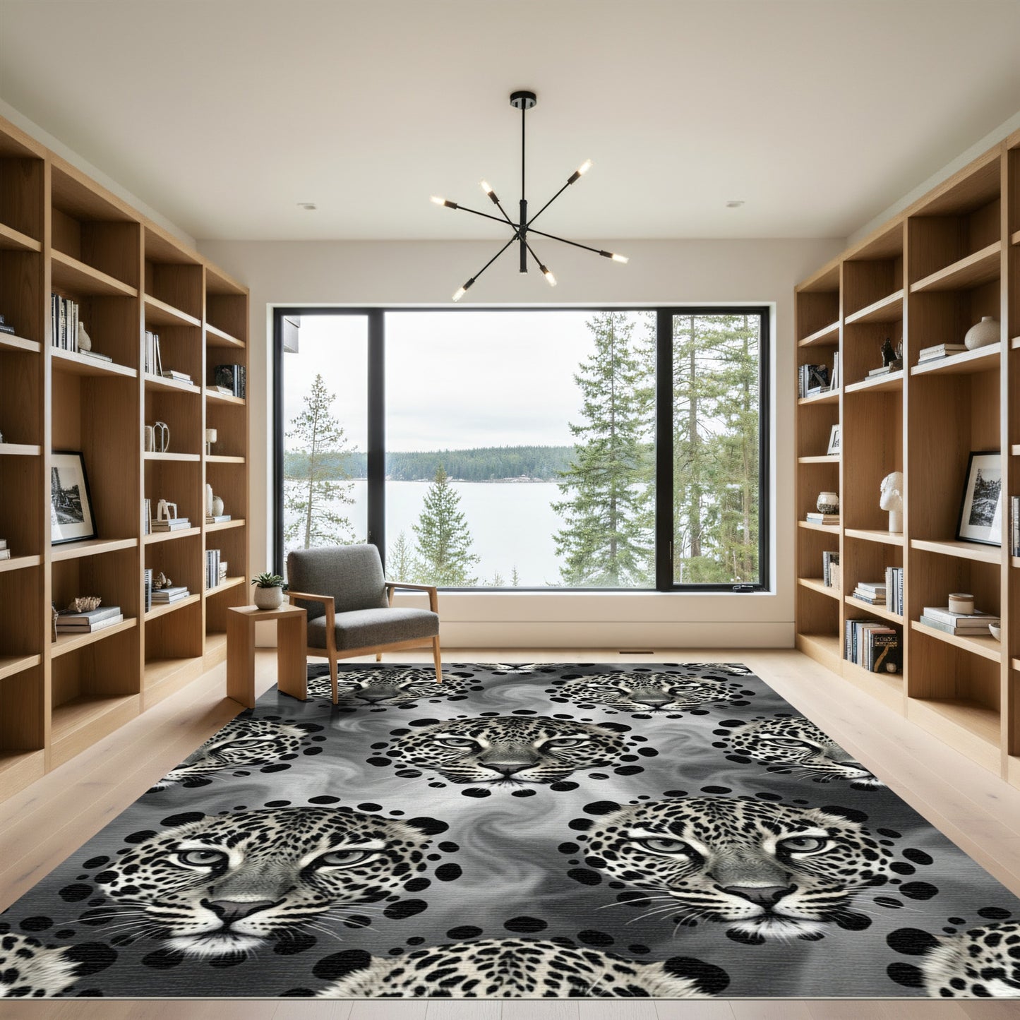 Monochrome Leopard Head Swirl Mosaic Rug