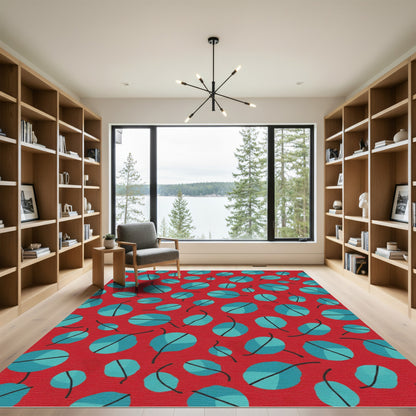 Red Teal Scattered Leaf Pattern Rug