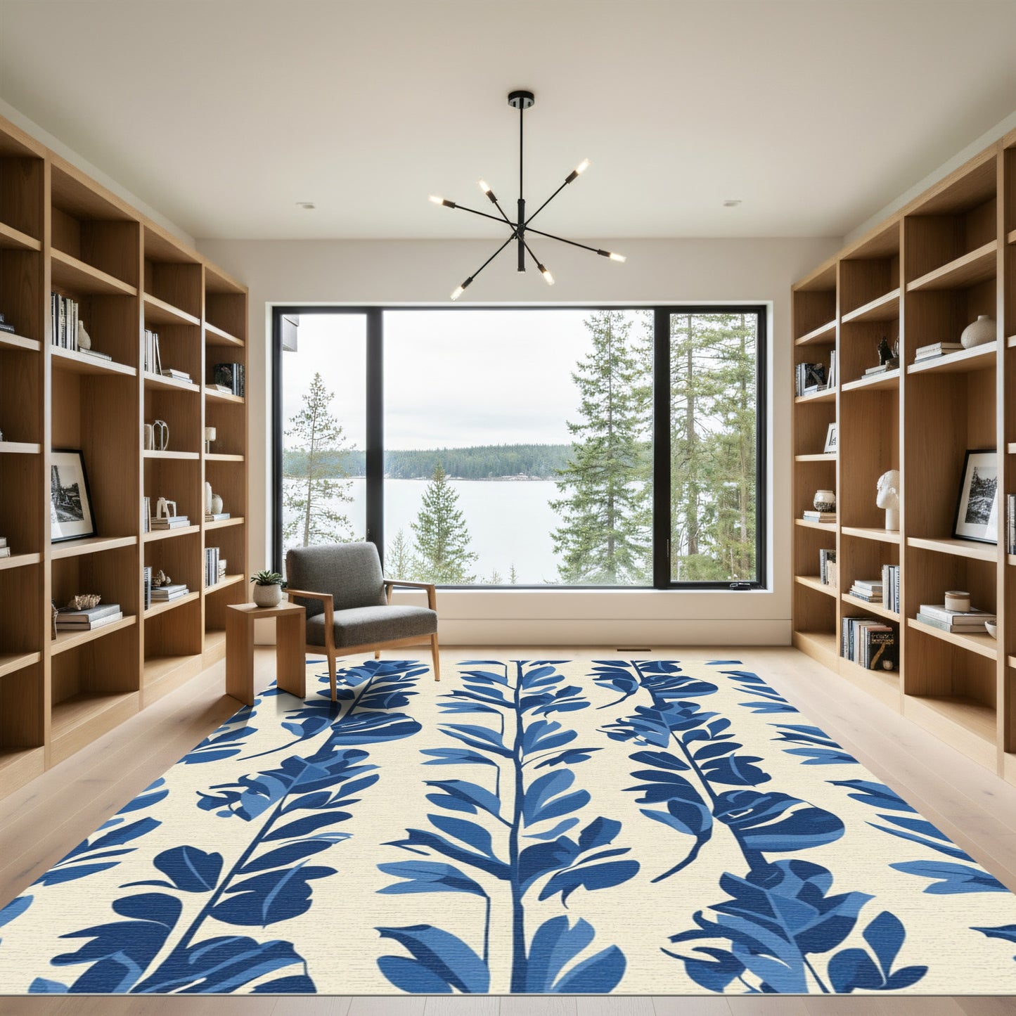 Deep Blue Botanical Vertical Stripe Rug