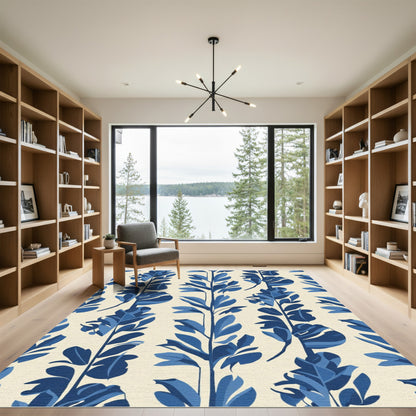 Deep Blue Botanical Vertical Stripe Rug