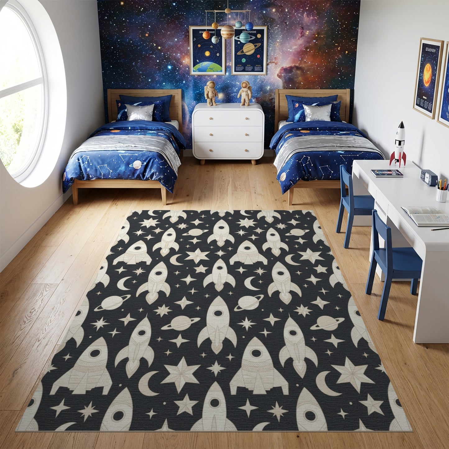 Retro Rocket Star Moon Planet Rug