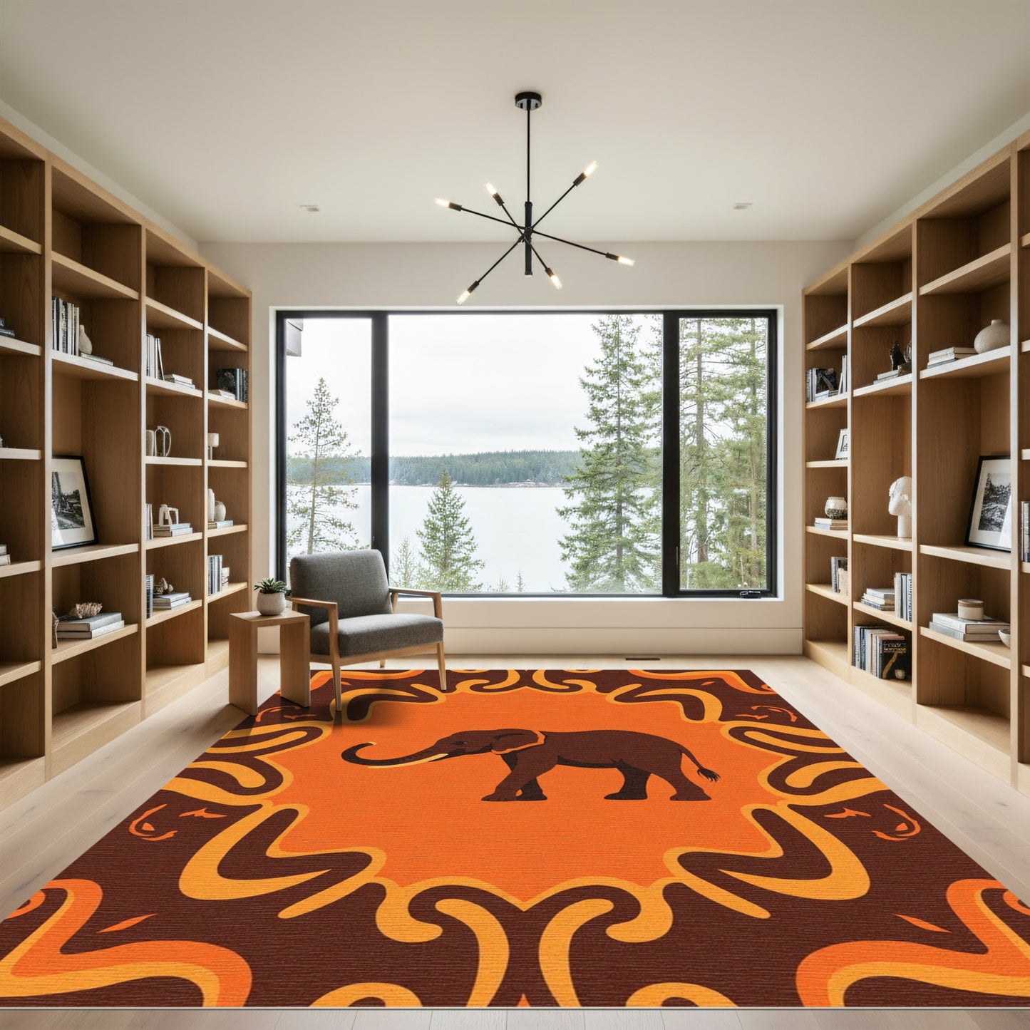 Bold Brown Elephant Orange Border Rug