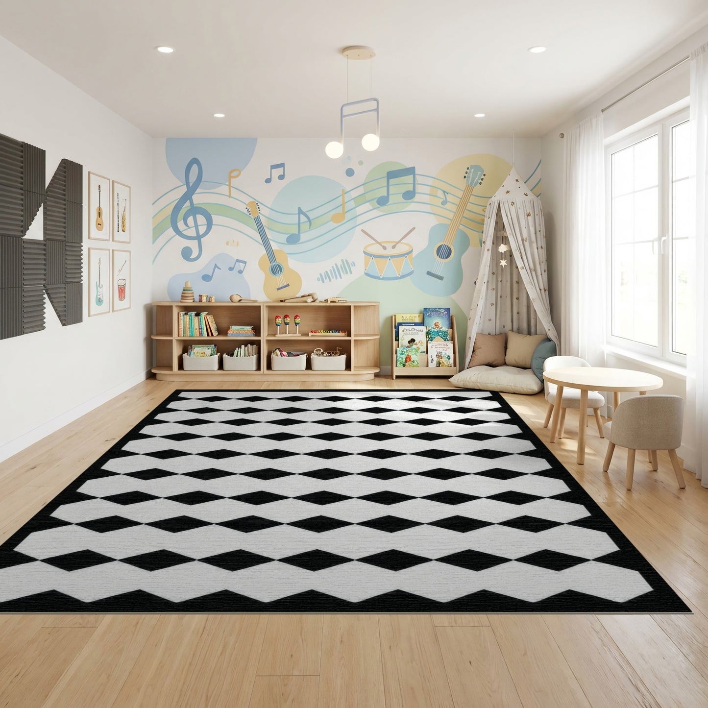 Black and White Diamond Geometric Rug