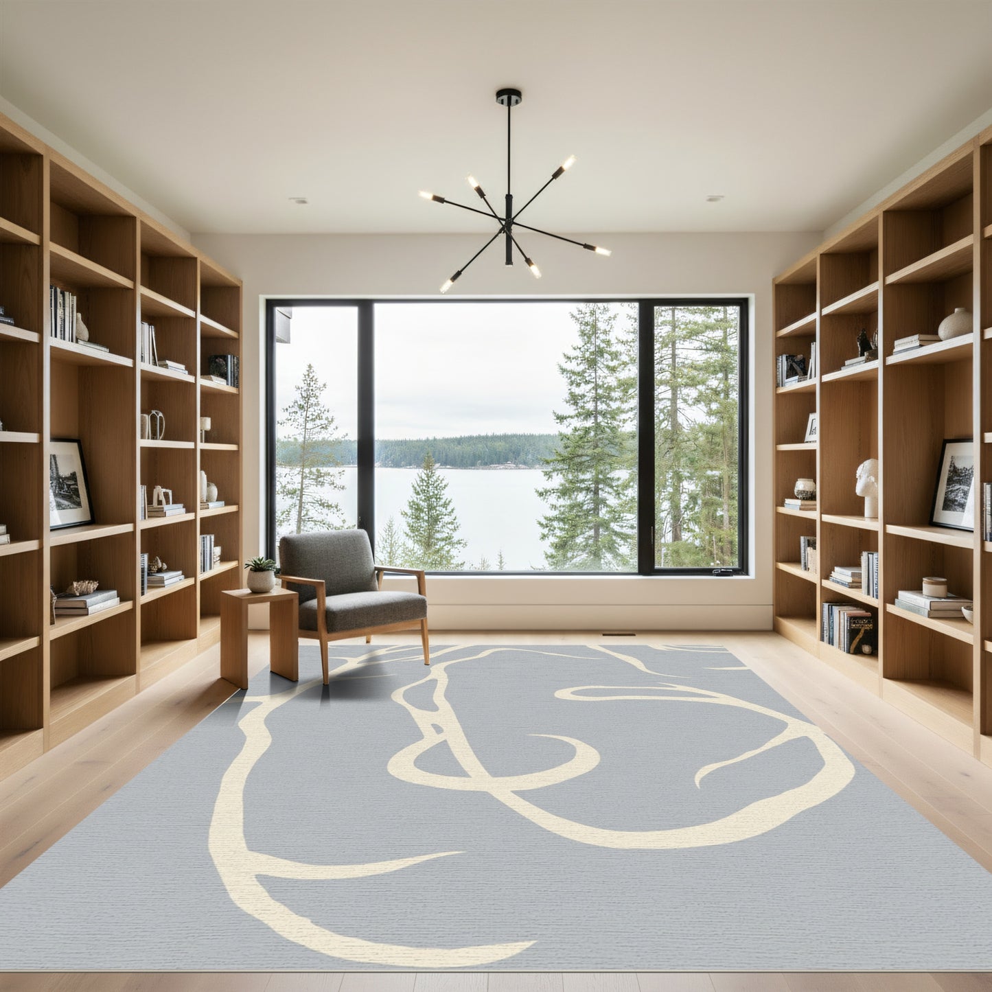 Soft Ivory Abstract Branches Gray Rug