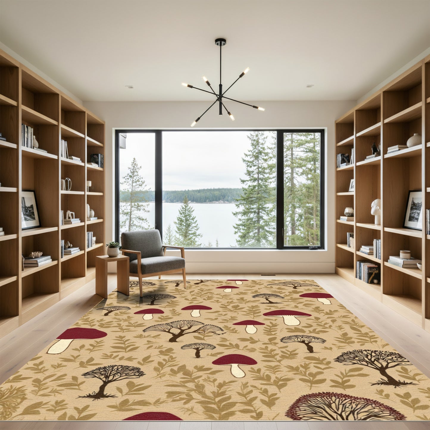 Red Mushroom Woodland Trees Beige Background Rug