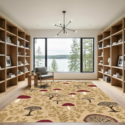 Red Mushroom Woodland Trees Beige Background Rug