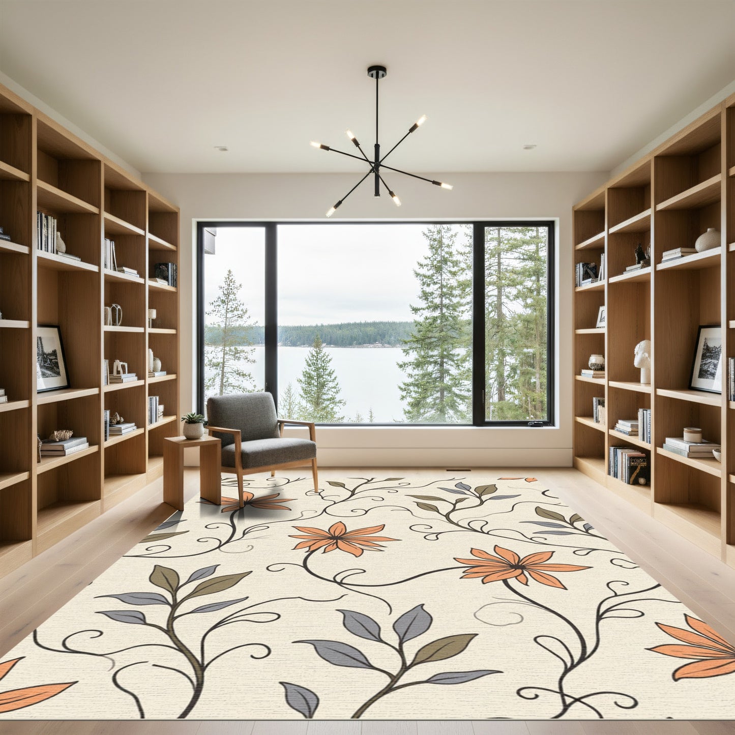 Cream Orange Floral Vine Swirl Rug