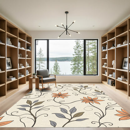 Cream Orange Floral Vine Swirl Rug
