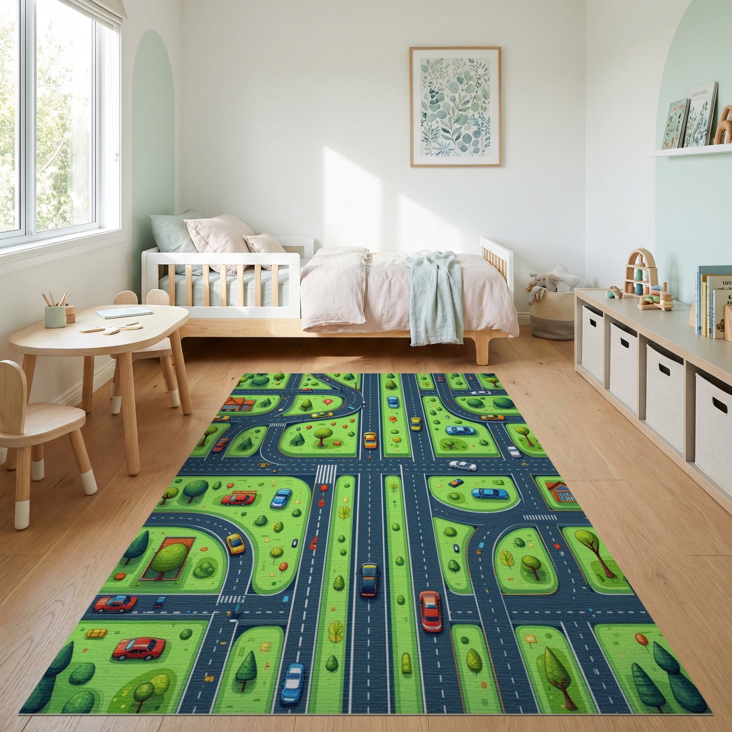 Whimsical Green Streets Cars Trees Rug