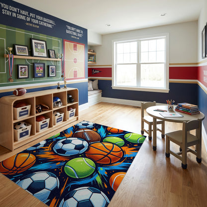 Vibrant Sports Balls Dynamic Splash Rug