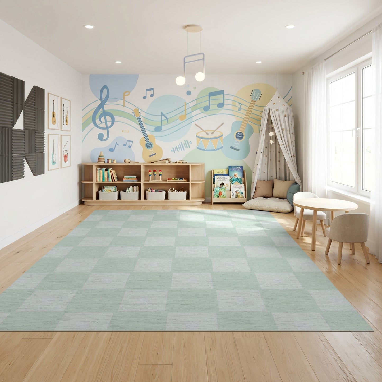 Pale Green Checkered Minimalist Rug