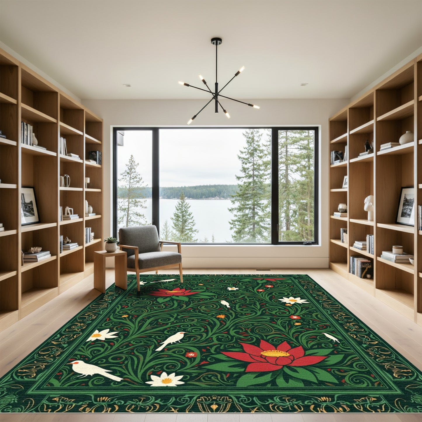Crimson Lotus Birds Verdant Swirls Rug
