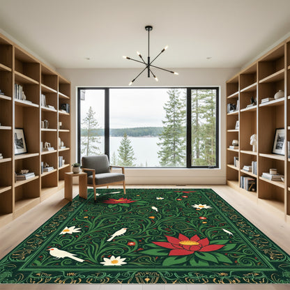 Crimson Lotus Birds Verdant Swirls Rug